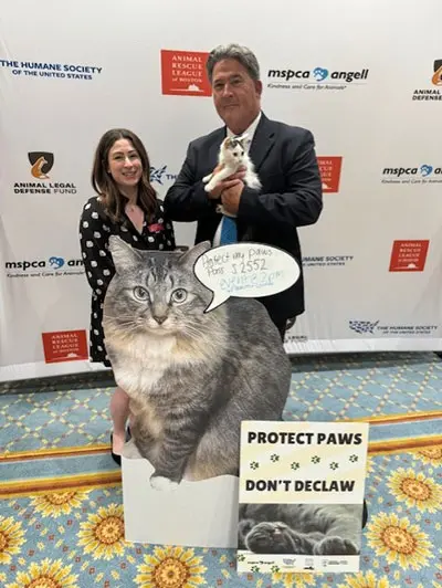 Two people standing next to each other, one is holding a kitten. A cardboard cutout of a cat with a speech bubble is in front of them.