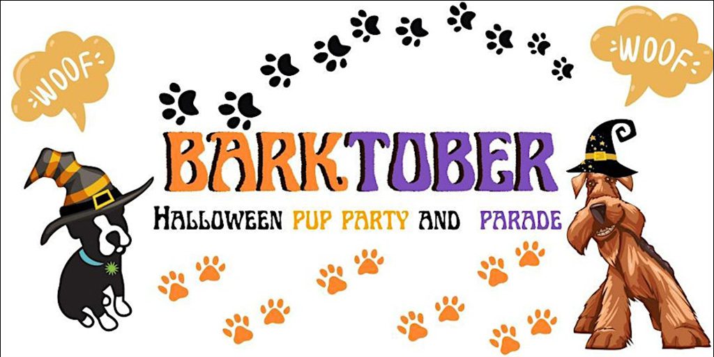 Graphic of dogs dressed in halloween costumes with the words "BARKTOBER"